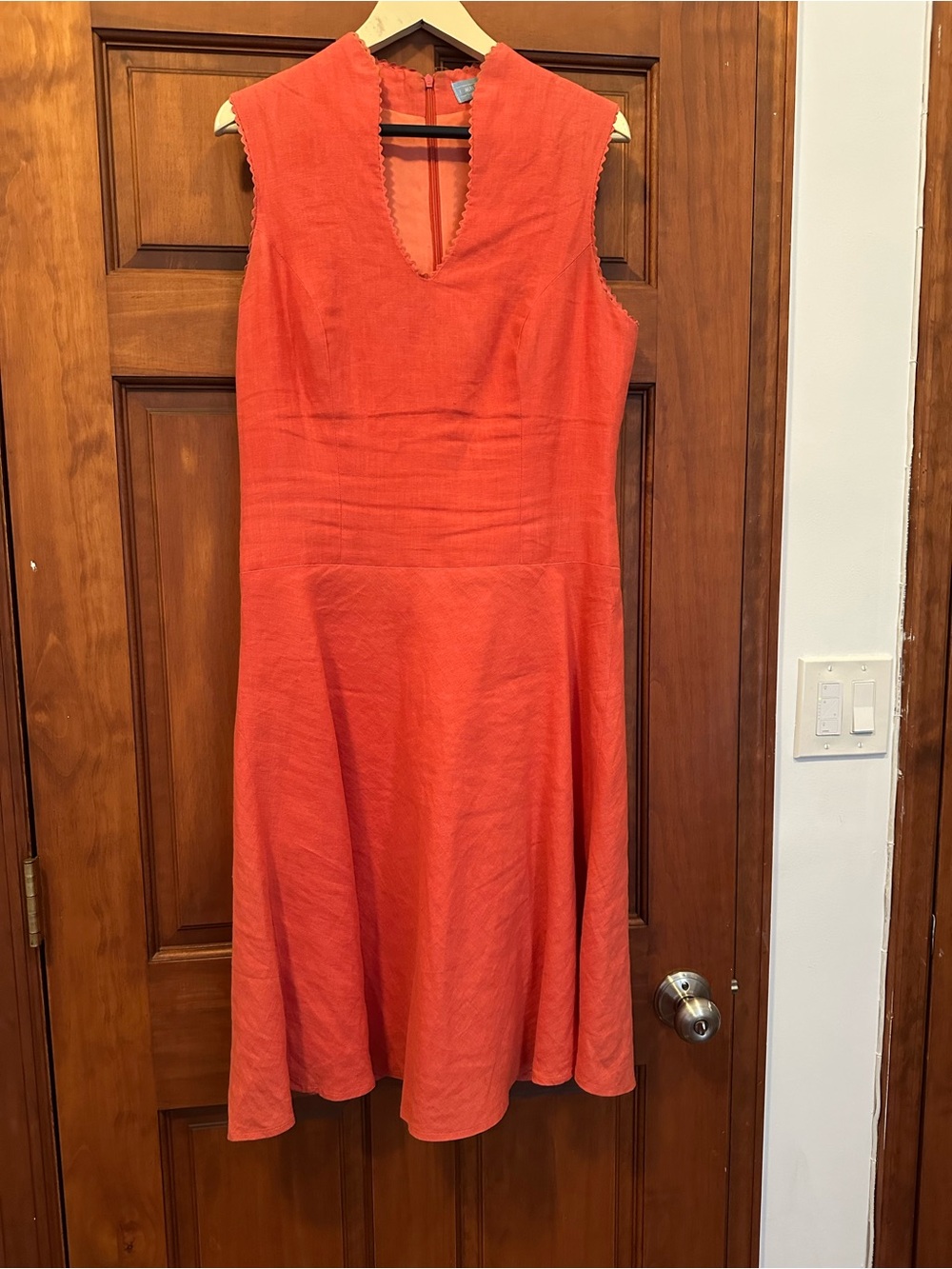 J McLaughlin Linen Sleeveless Coral Midi Dress with Notch V-Neck
